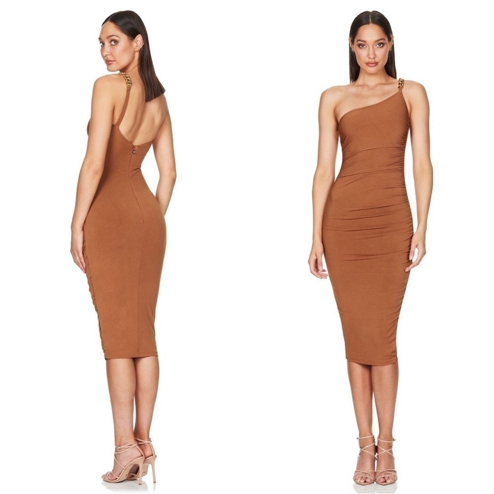 NWT NOOKIE Alyssa One Shoulder Chain Bodycon Midi Dress Tan Sz L